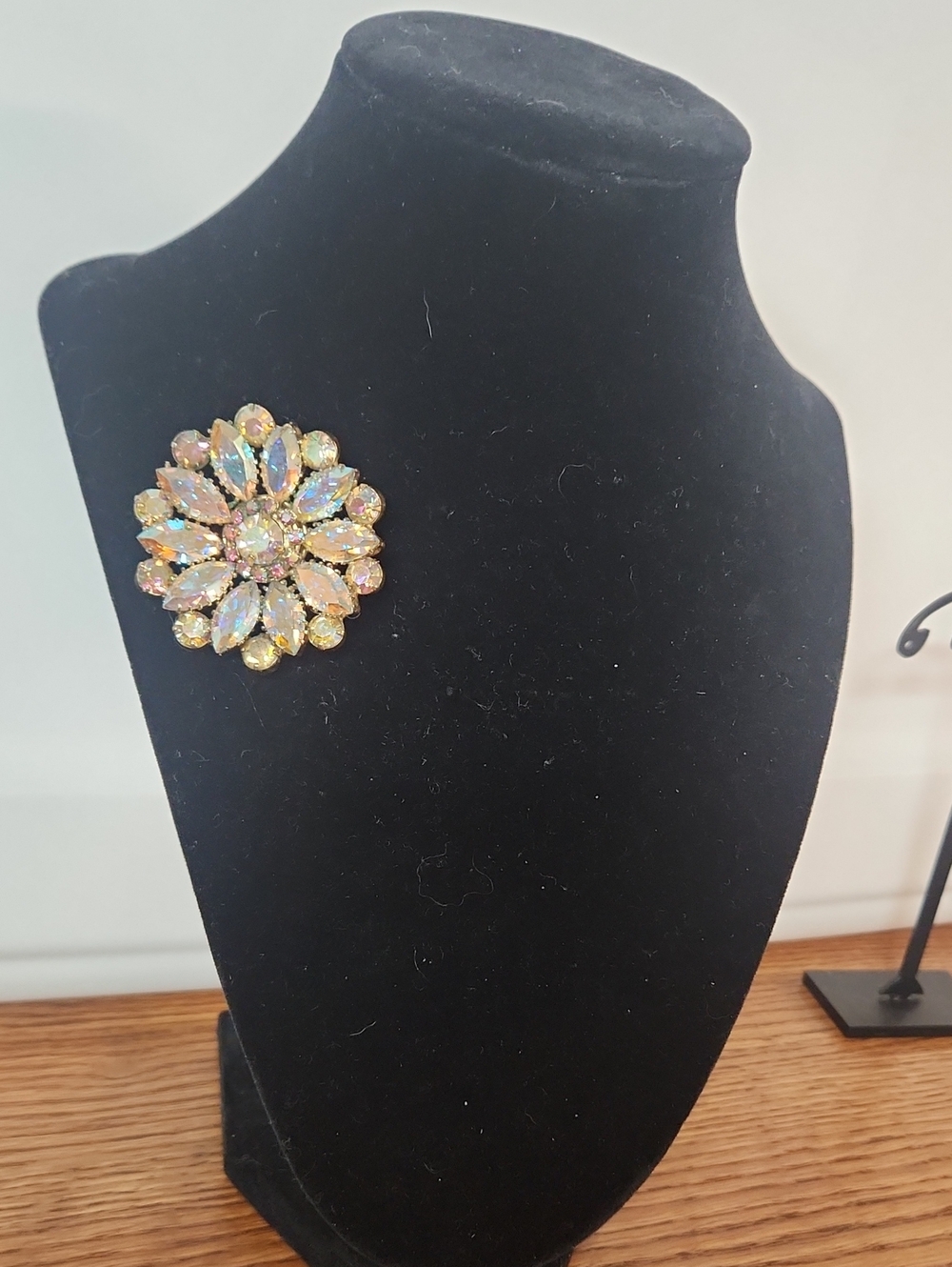 Vintage Aurora Borealis AB Crystal Floral Brooch - Gold Tone